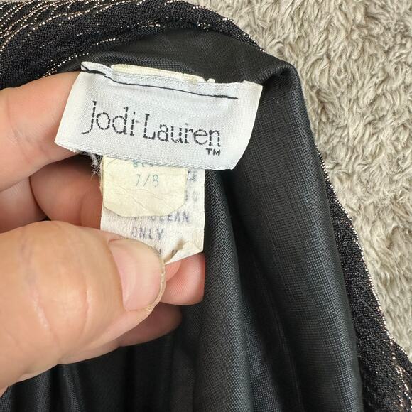 Vintage 80s Ruched Black Gold Metallic Mini Dress Long Sleeve Sheath Size 7 8 - Picture 8 of 12